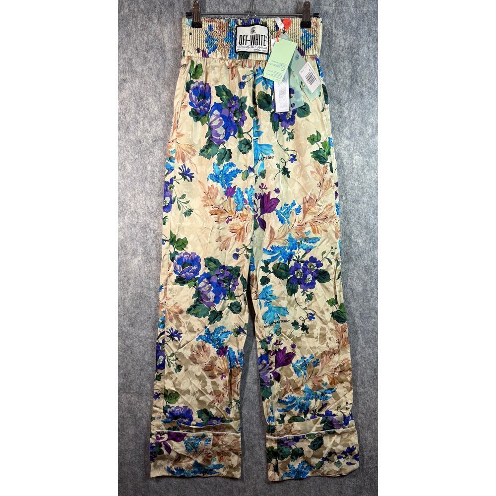 NEW Off White Womens Satin Floral Italian Sz 36 (Size 0) Ankle Cuff Pajama Pants